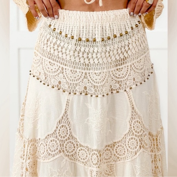 POL Cream Crochet Knit Metallic Beaded Elastic Waist Maxi Skirt - Picture 3 of 9